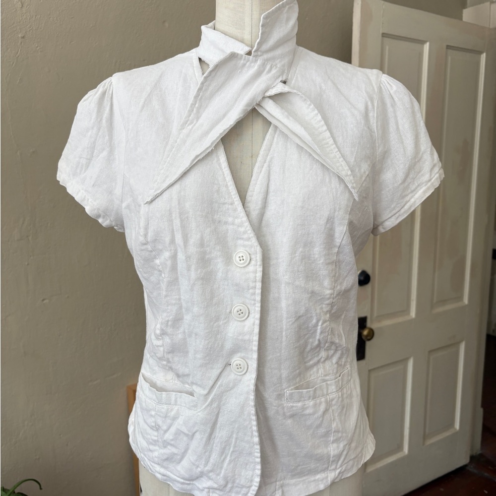 Last Kiss White Button Down Shirt with Cuffed Sleeves and Mandarin Collar